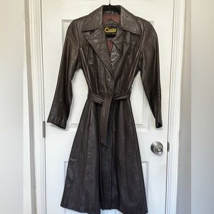 100% leather, chocolate brown trench coat, vintage